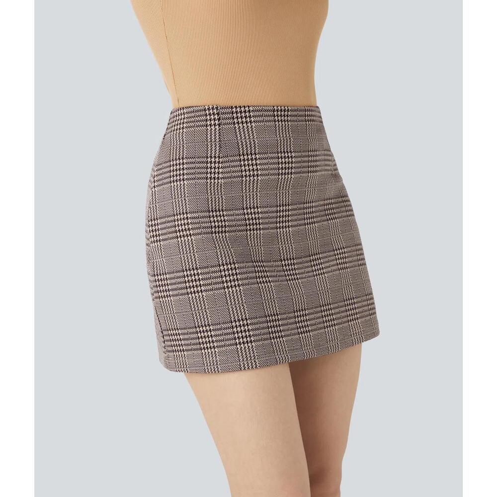 NWT Halara High Waisted 2-in-1 Houndstooth Plaid Mini Work Skirt Brown Plaid L - Picture 10 of 11